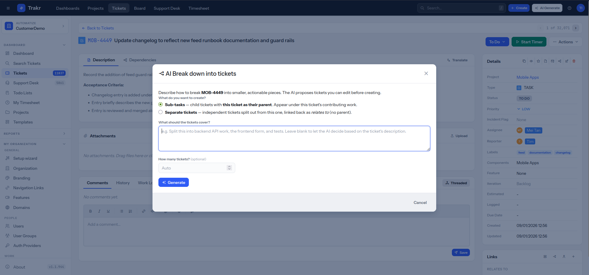 Trakr dialog that breaks a ticket down into sub-tasks or separate linked tickets with AI