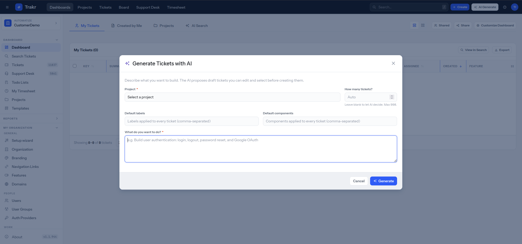 Trakr dialog that generates draft tickets with AI from a description for a chosen project