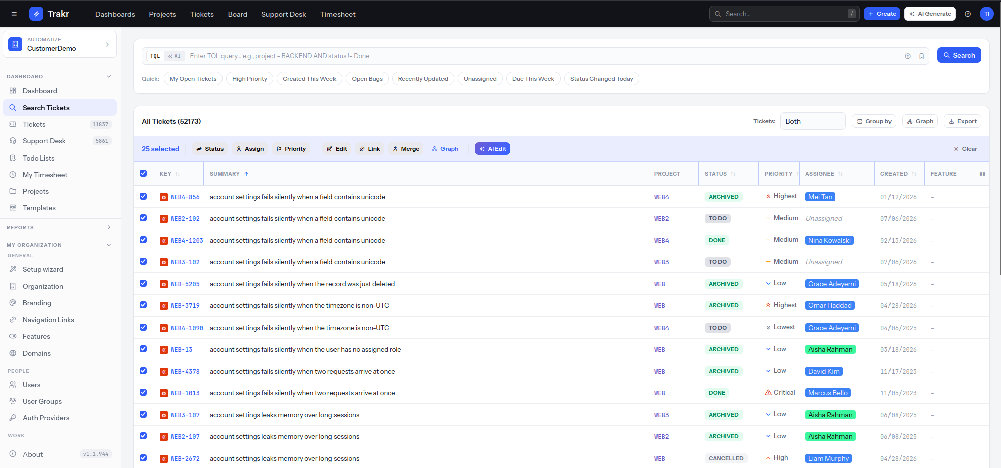 Trakr search results with 25 tickets selected and a bulk action bar
