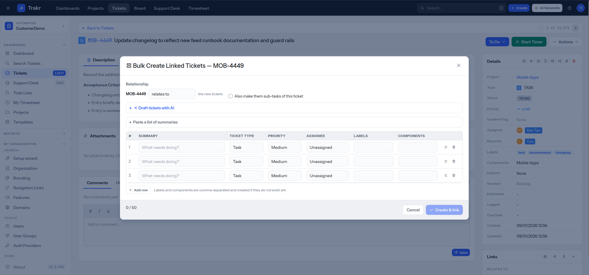 Trakr dialog that creates up to 50 linked tickets at once with type, priority, assignee and labels
