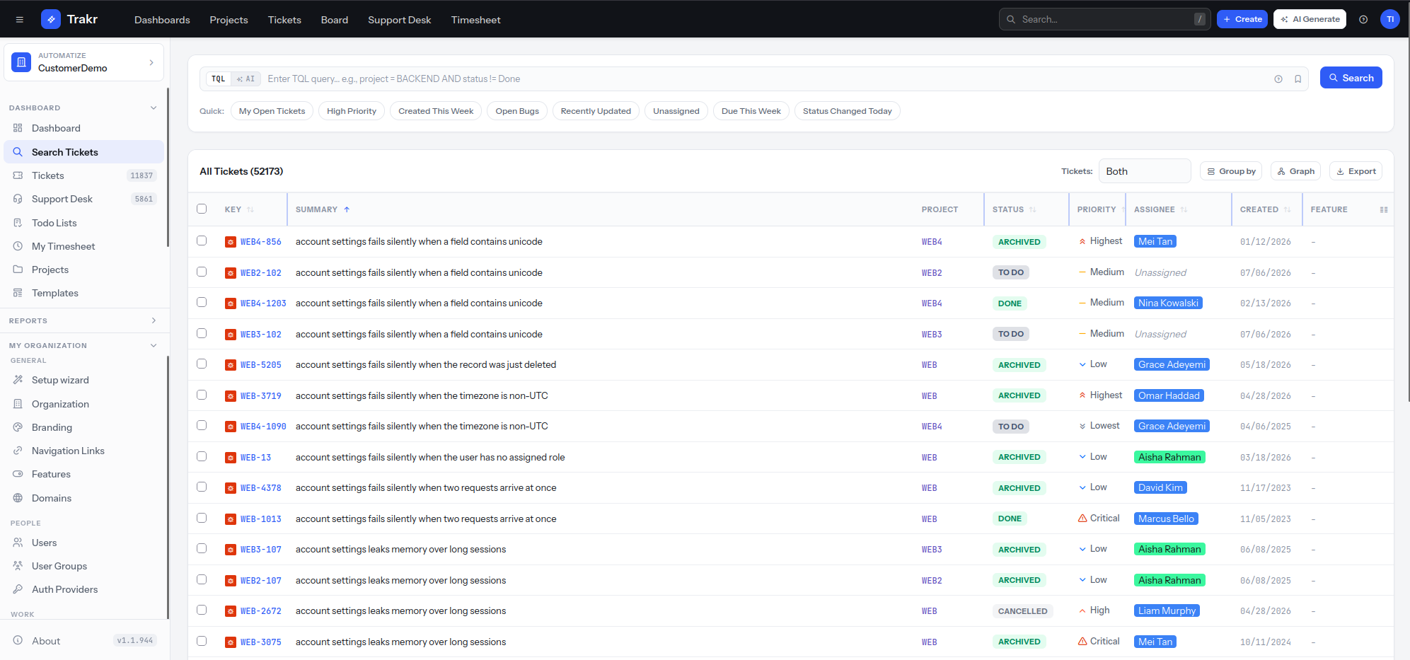 Trakr search across 52,173 tickets with TQL query bar, quick filters, group by, graph and export