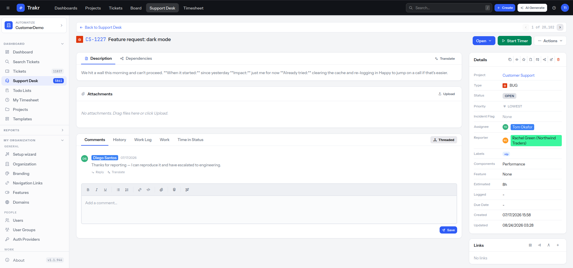 Trakr support ticket with reporter, labels, estimate and an agent reply in the comments