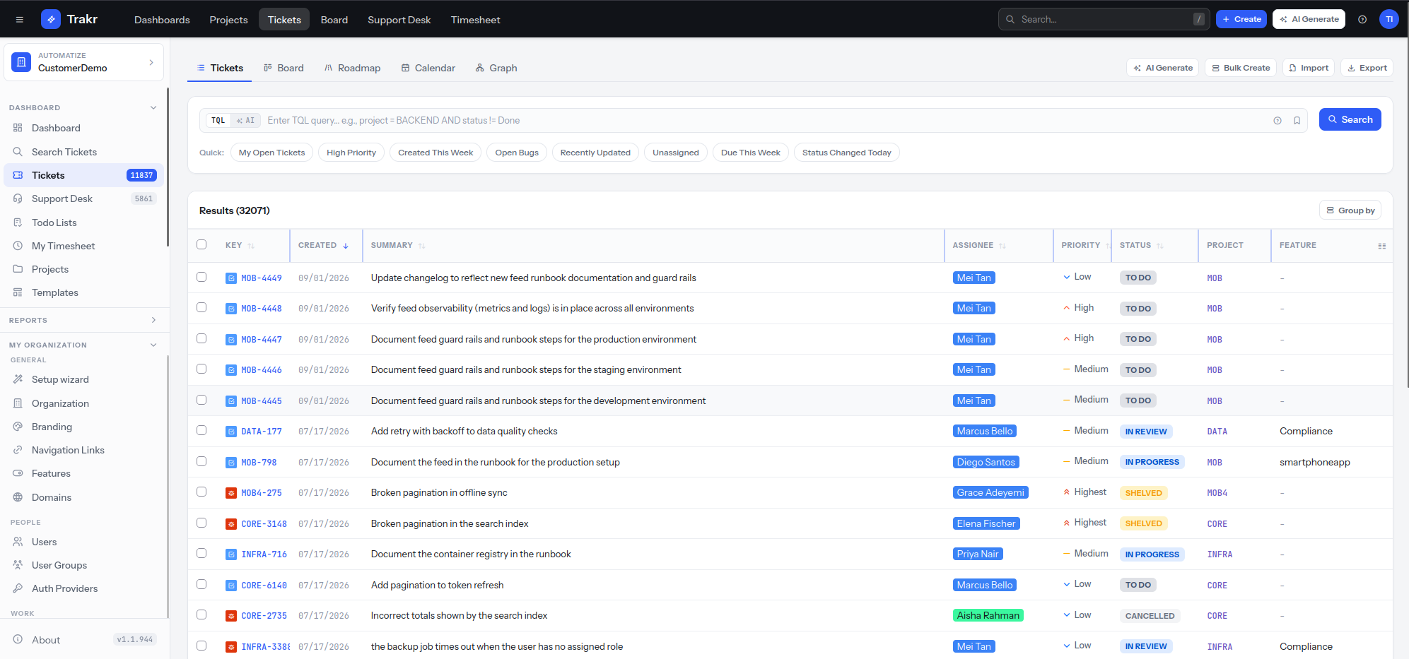 Trakr ticket list with TQL query bar, quick filters and a sortable table of 32,071 results