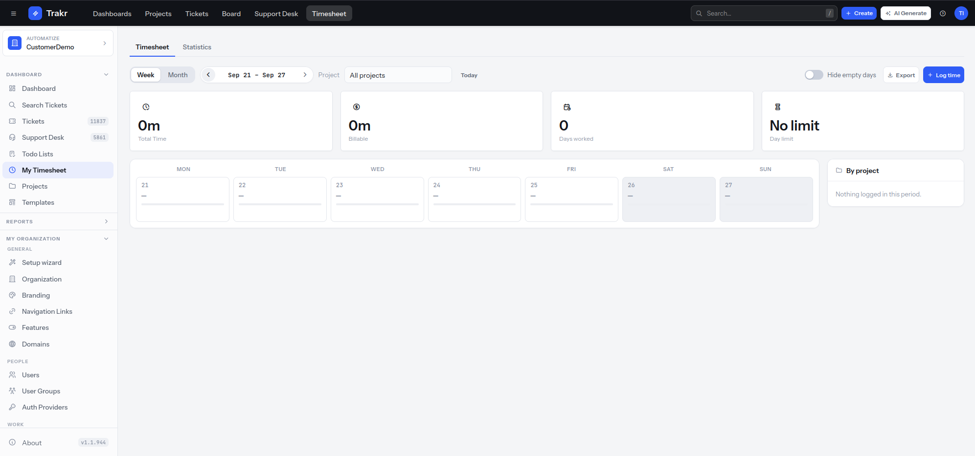 Trakr weekly timesheet with total time, billable time, days worked and a per-project summary
